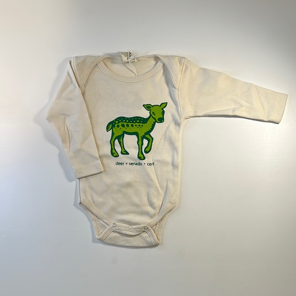 Kiwi 🥝 Industries Cream Baby Bodysuit with Green Deer Design